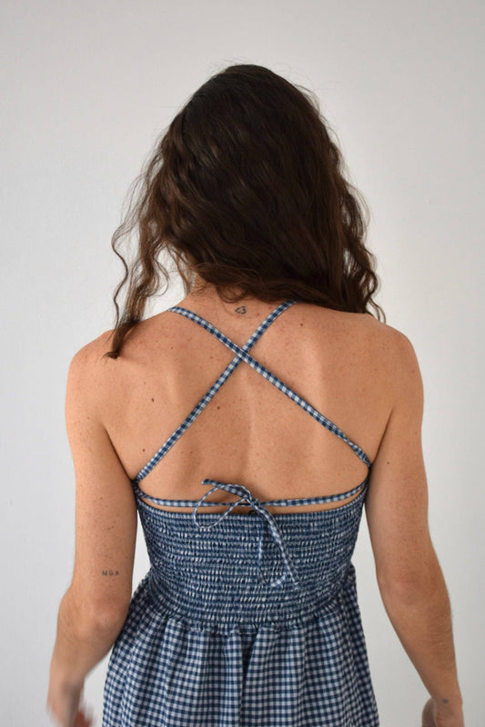Navy Gingham Halter Dress