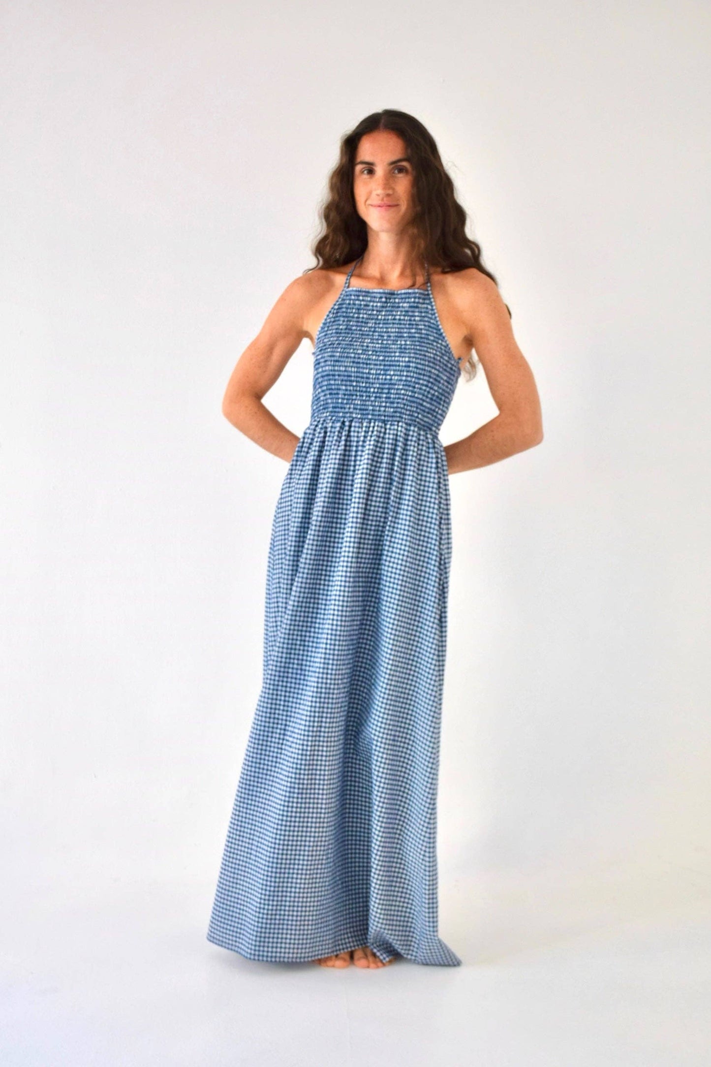 Navy Gingham Halter Dress