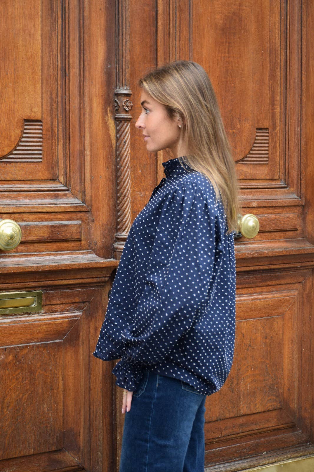Navy Polka Dot Stitched Blouse