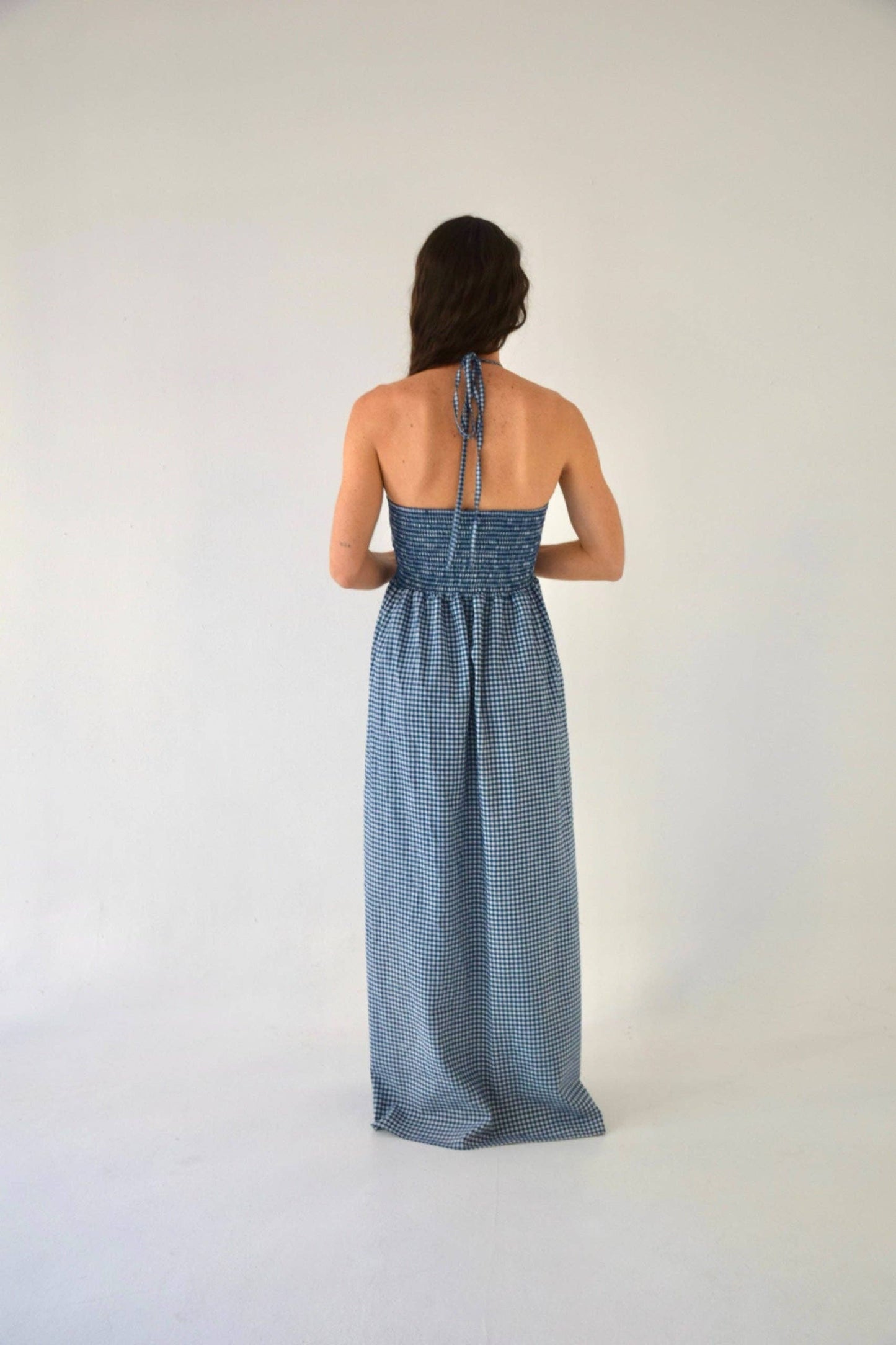Navy Gingham Halter Dress