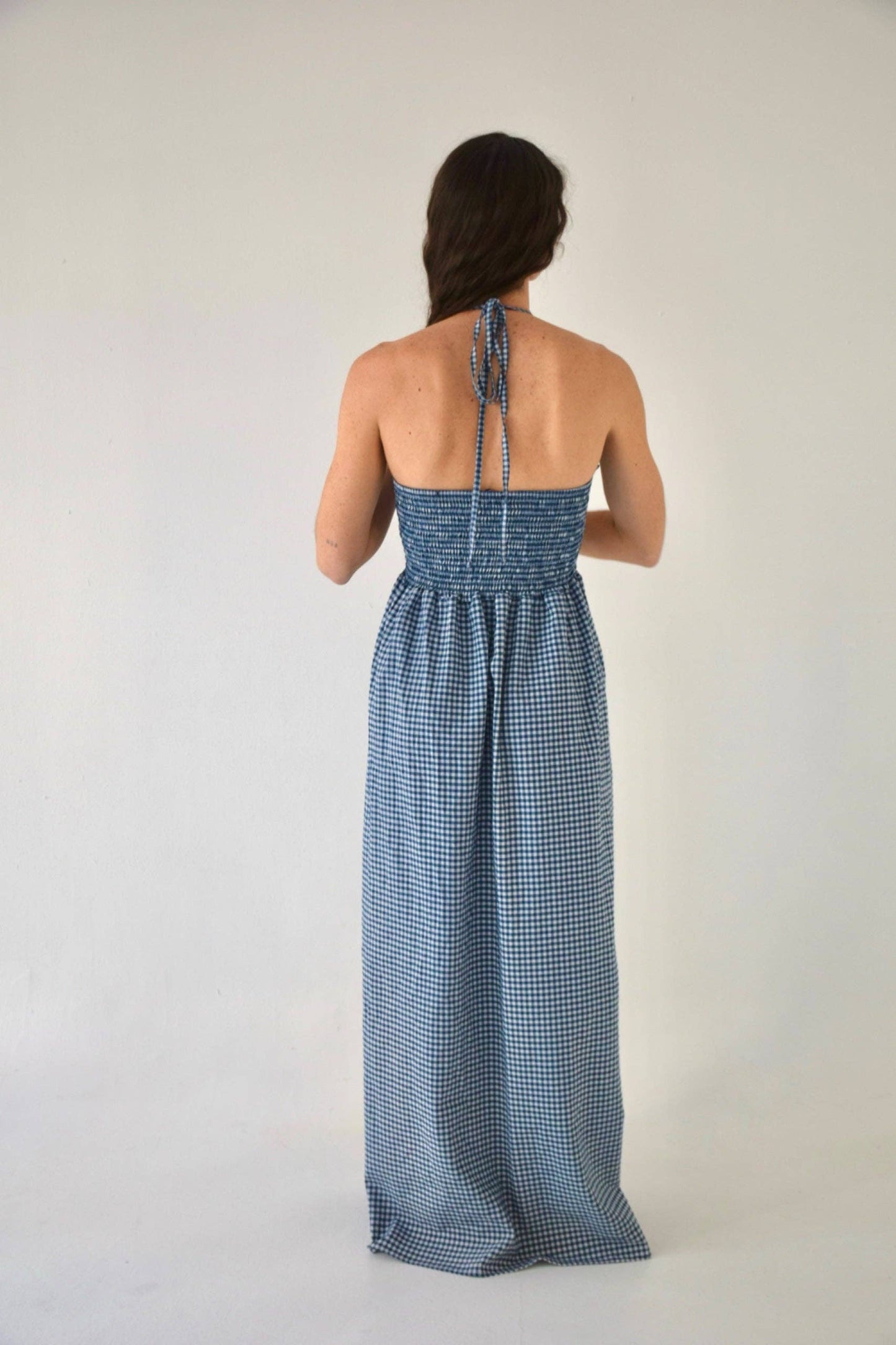 Navy Gingham Halter Dress