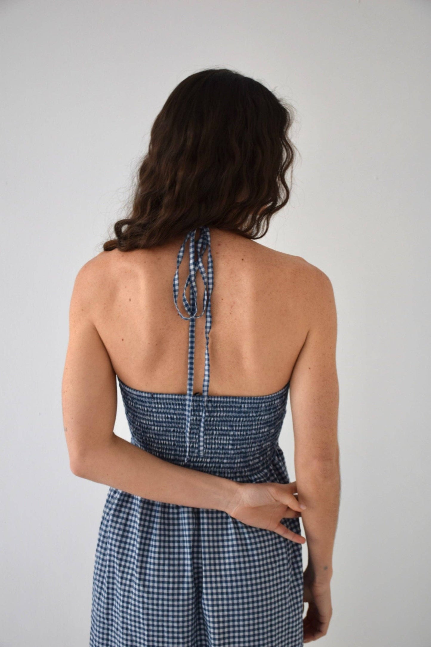 Navy Gingham Halter Dress