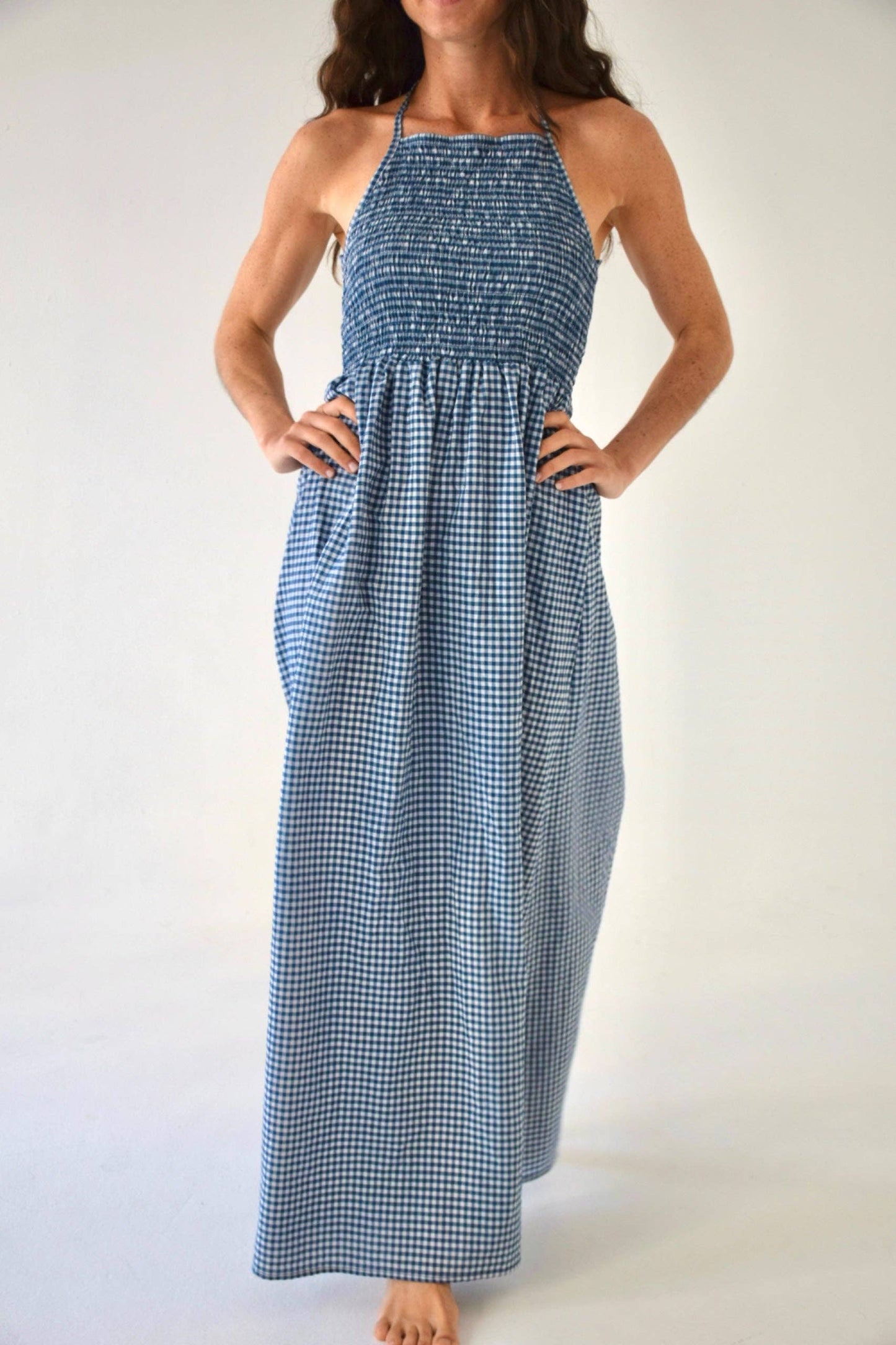 Navy Gingham Halter Dress