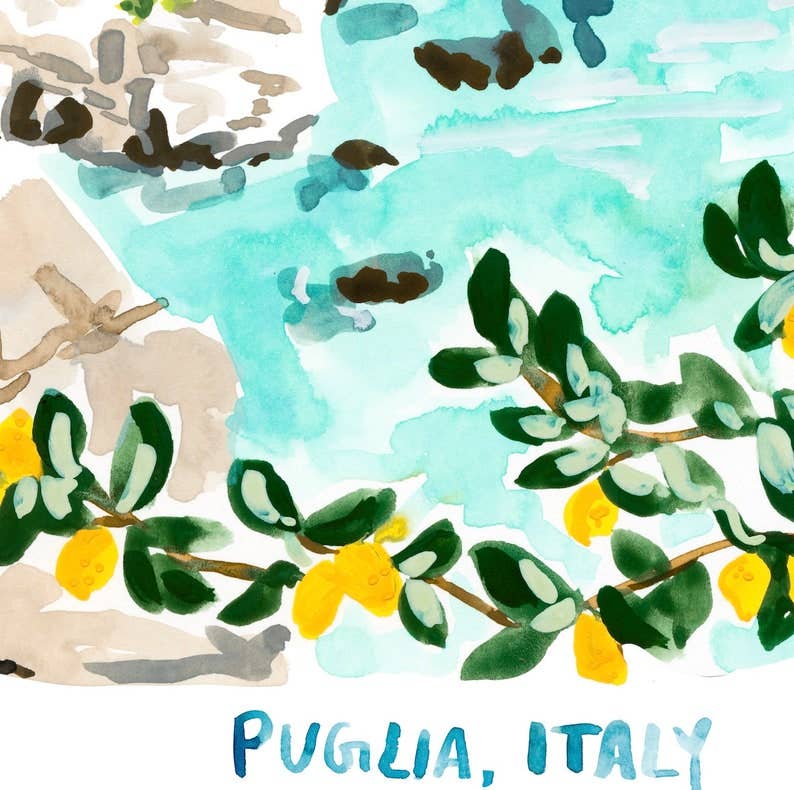 Italy Art Print, Puglia Illustration, Gargano Peninsula: 8x10"