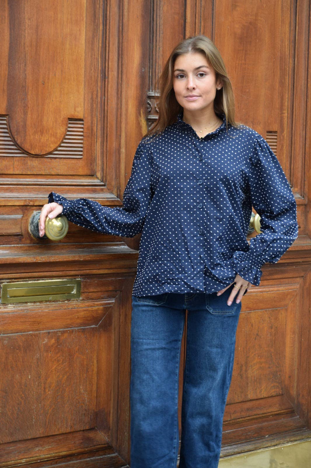 Navy Polka Dot Stitched Blouse