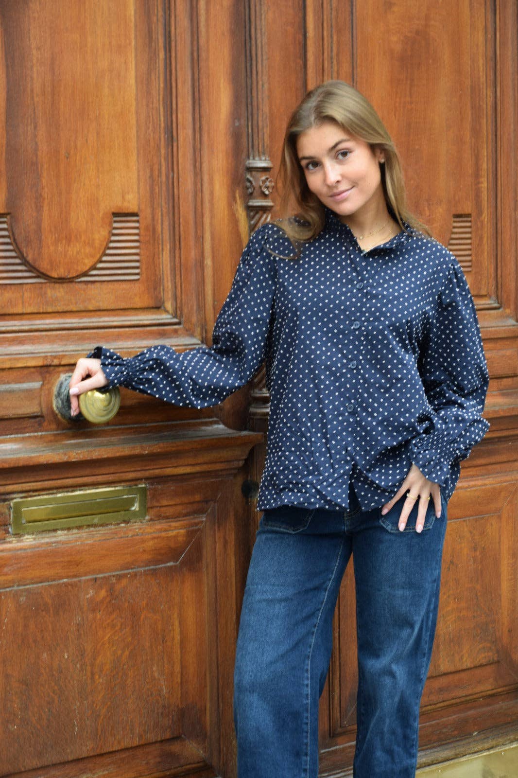 Navy Polka Dot Stitched Blouse