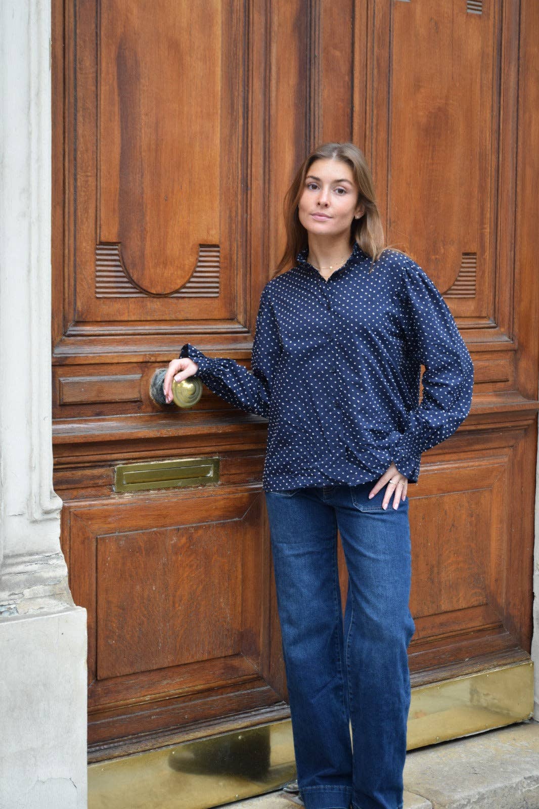 Navy Polka Dot Stitched Blouse