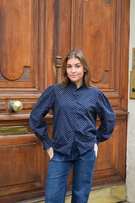 Navy Polka Dot Stitched Blouse