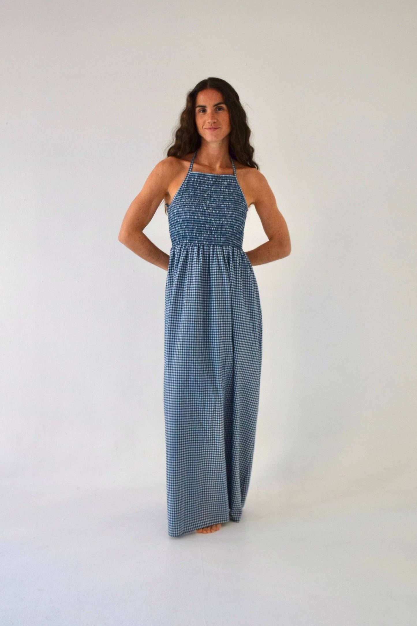 Navy Gingham Halter Dress