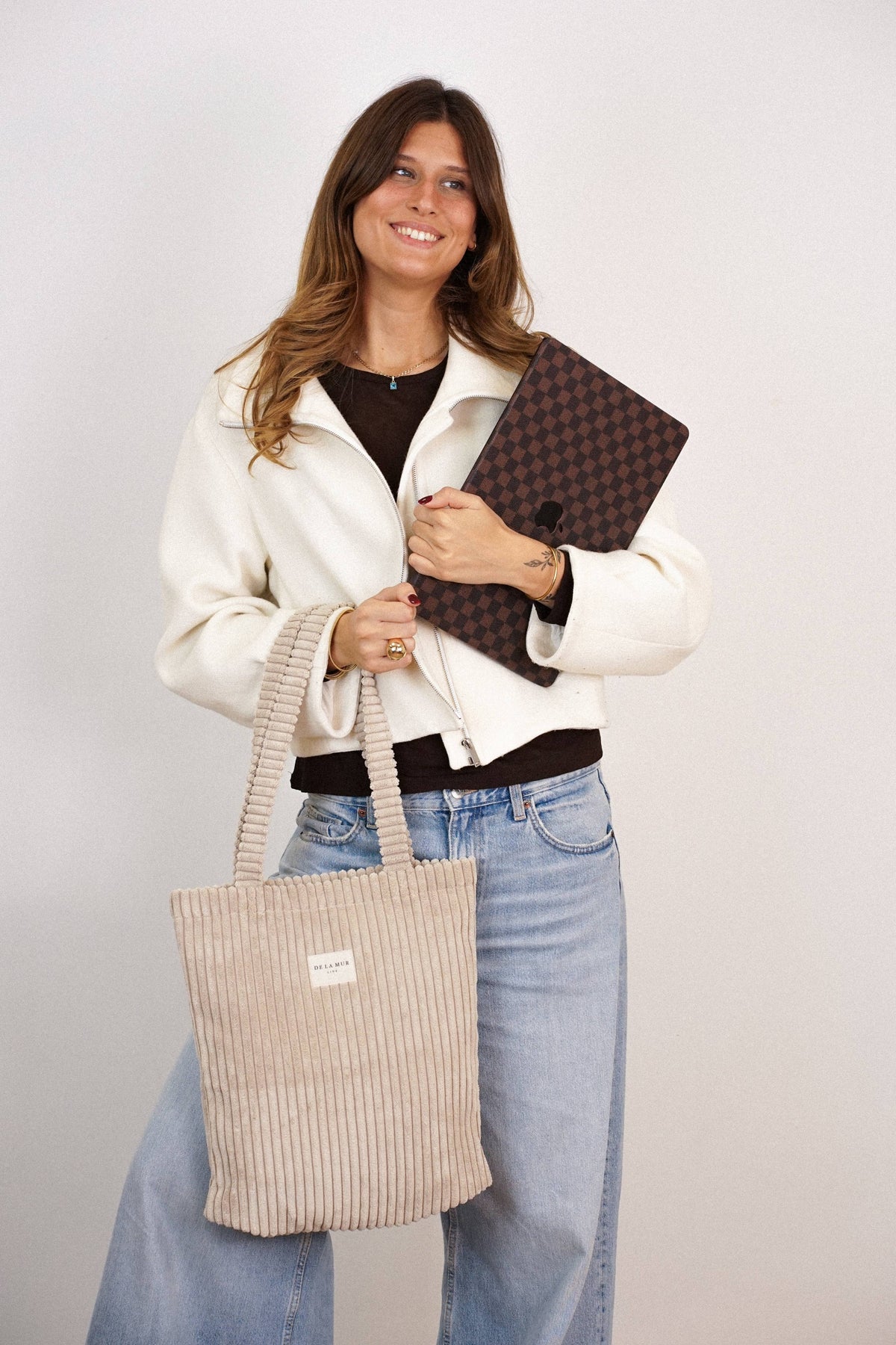 Medium Zippered Corduroy Tote – Cream Beige