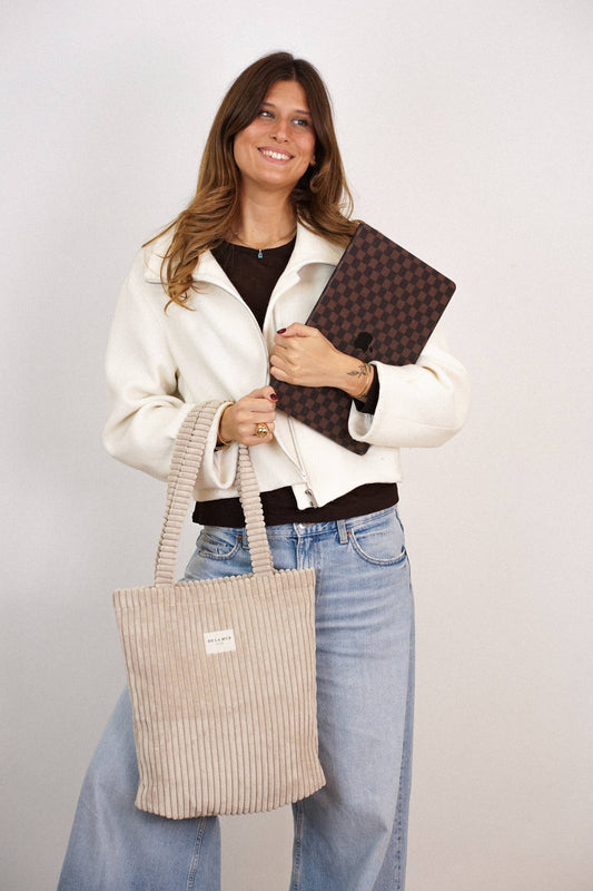 Medium Zippered Corduroy Tote – Cream Beige