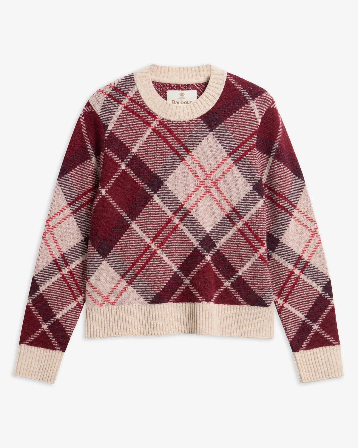 flat lay of the Barbour Stevie Tartan Wool Jumper for women in Multi tartan knit