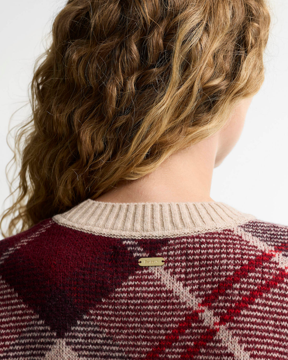 back barbour plaque detail of the Barbour Stevie Tartan Wool Jumper for women in Multi tartan knit