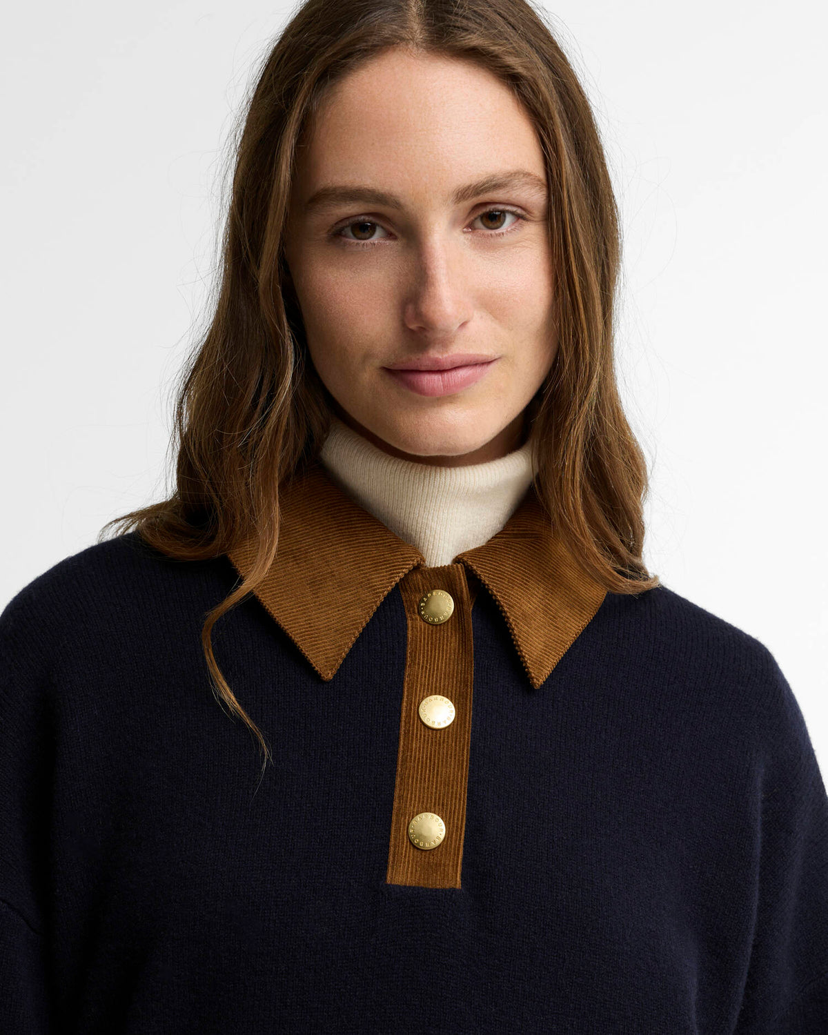 Barbour Ravenshill Polo Jumper in Navy women’s merino wool sweater close up detail of collar