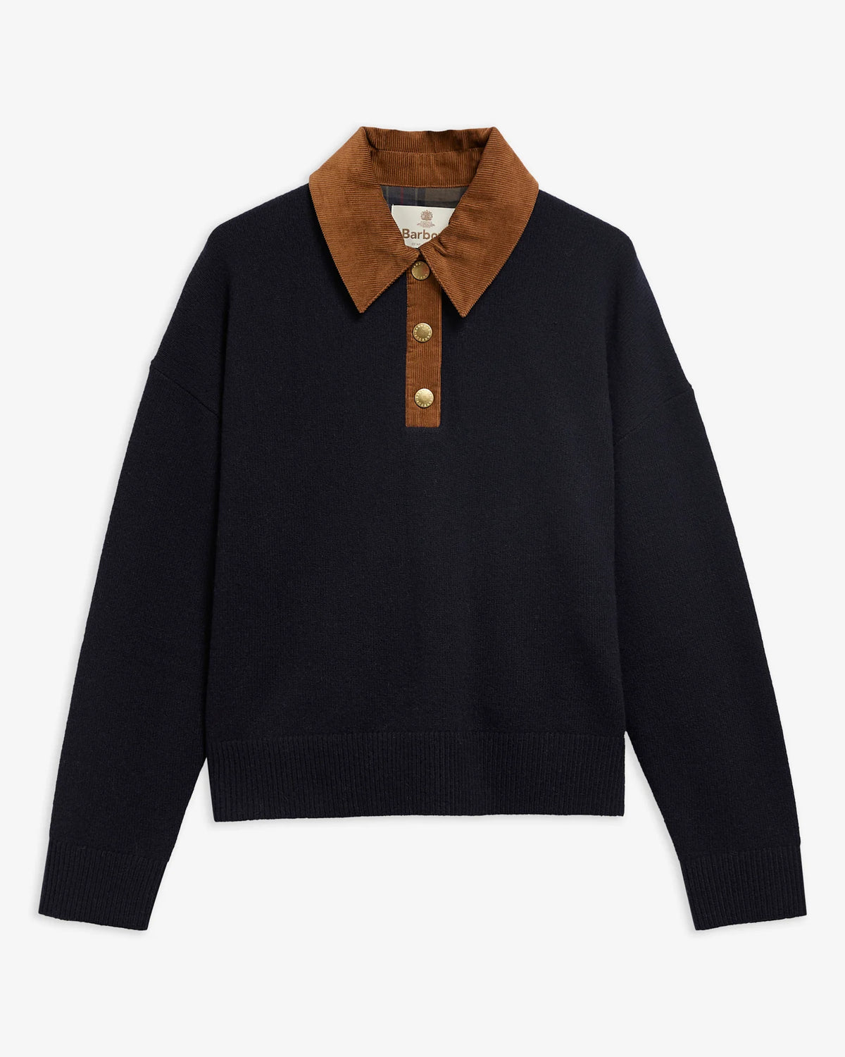 Barbour Ravenshill Polo Jumper in Navy women’s merino wool sweater flat lay