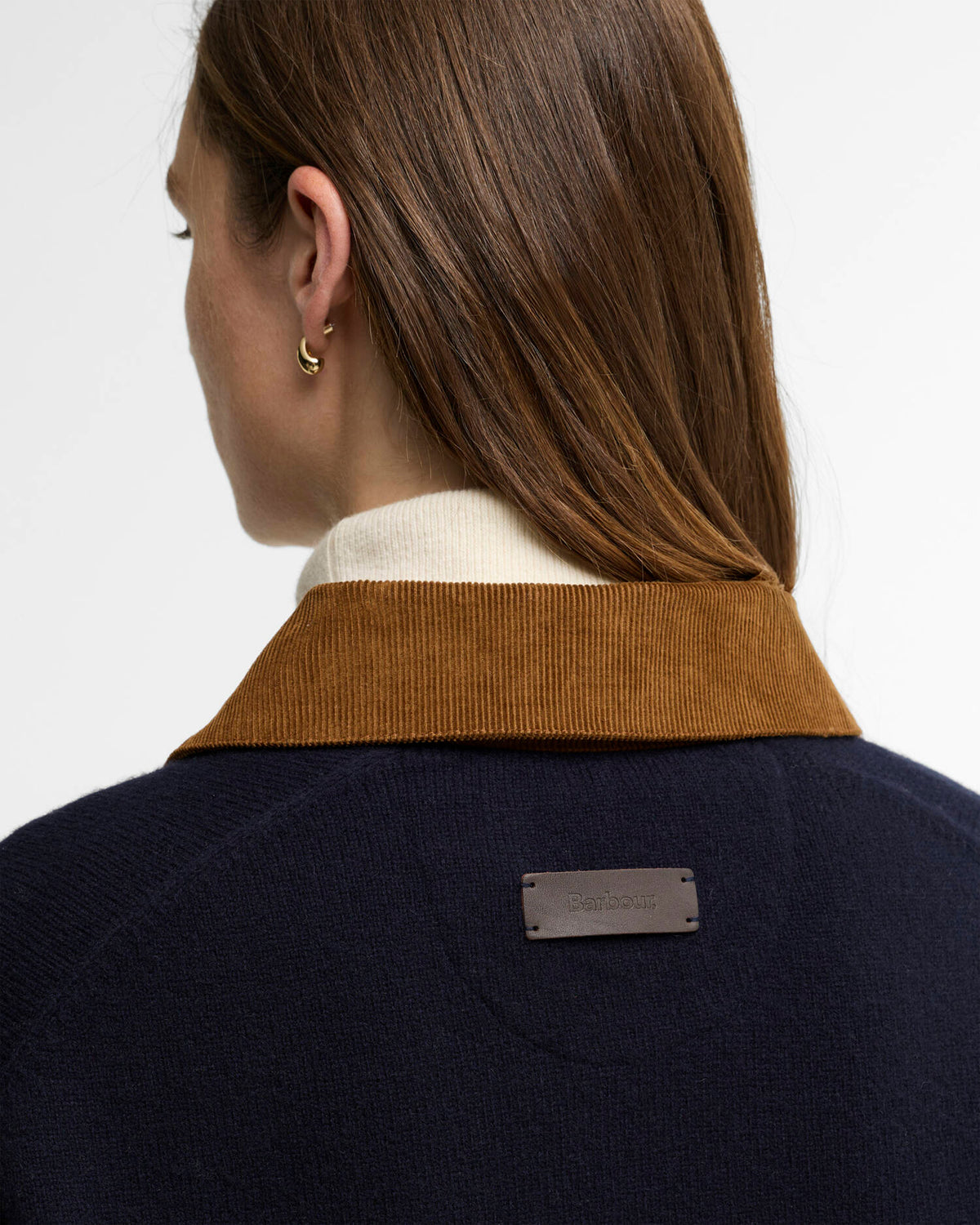 close up of Barbour Ravenshill Polo Jumper in Navy women’s merino wool sweater