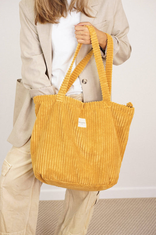 Large Zippered Corduroy Tote – Mustard Yellow
