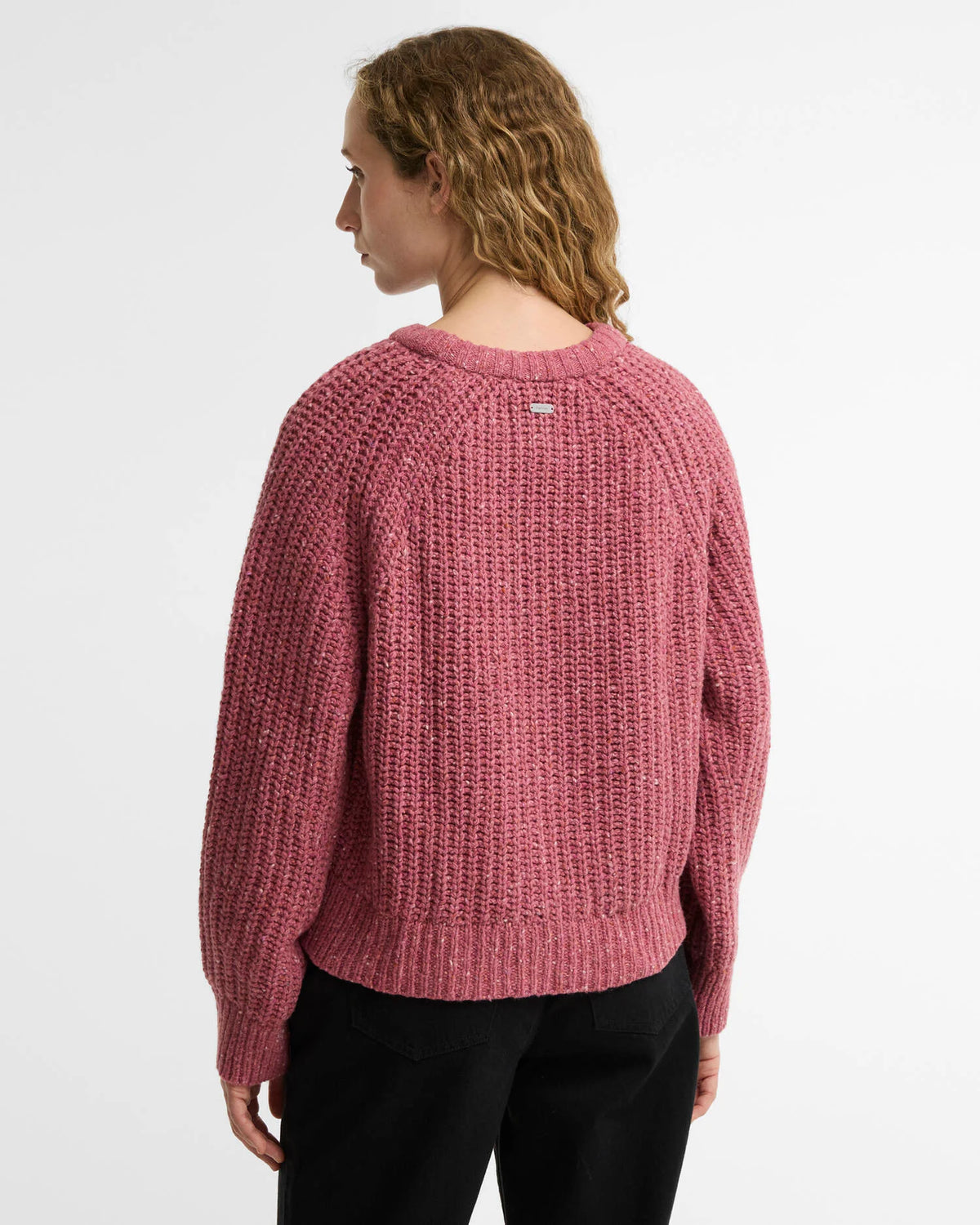 backside of the Barbour Alderney Wool-Blend Crew Neck Sweater in Tea Rose for women