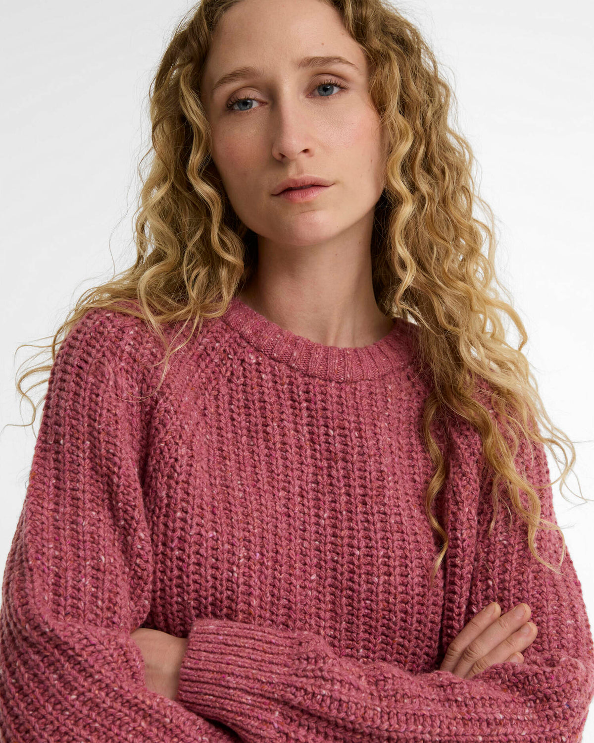 close up of the Barbour Alderney Wool-Blend Crew Neck Sweater in Tea Rose for women