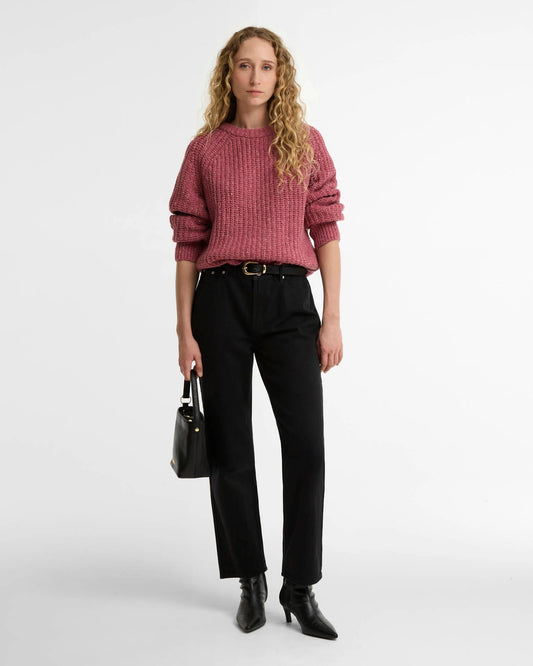 model wearing the Barbour Alderney Wool-Blend Crew Neck Sweater in Tea Rose for women