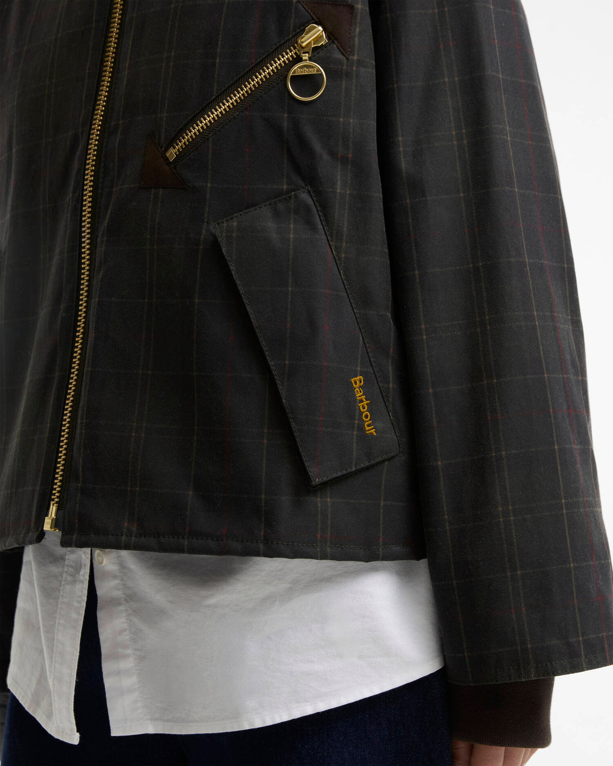 Barbour Arlene Checked Waxed Jacket for women in Classic Shadow Classic pocket detail
