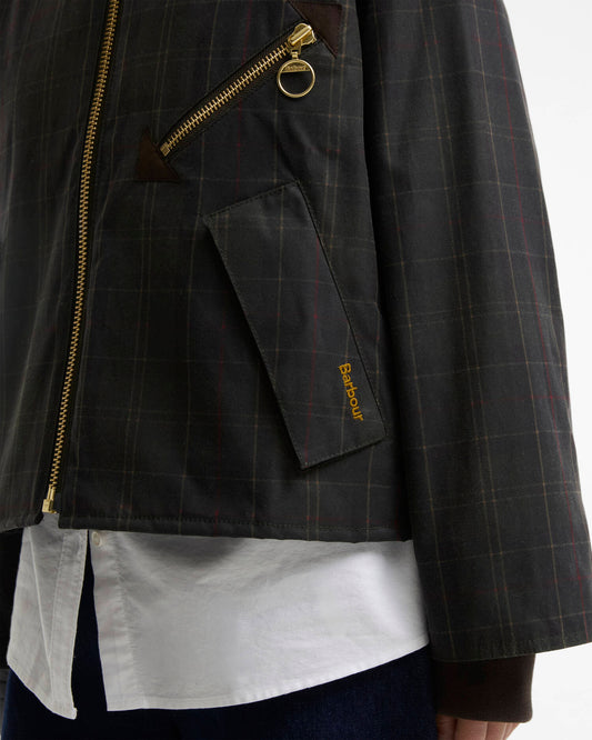 Barbour Arlene Checked Waxed Jacket for women in Classic Shadow Classic pocket detail