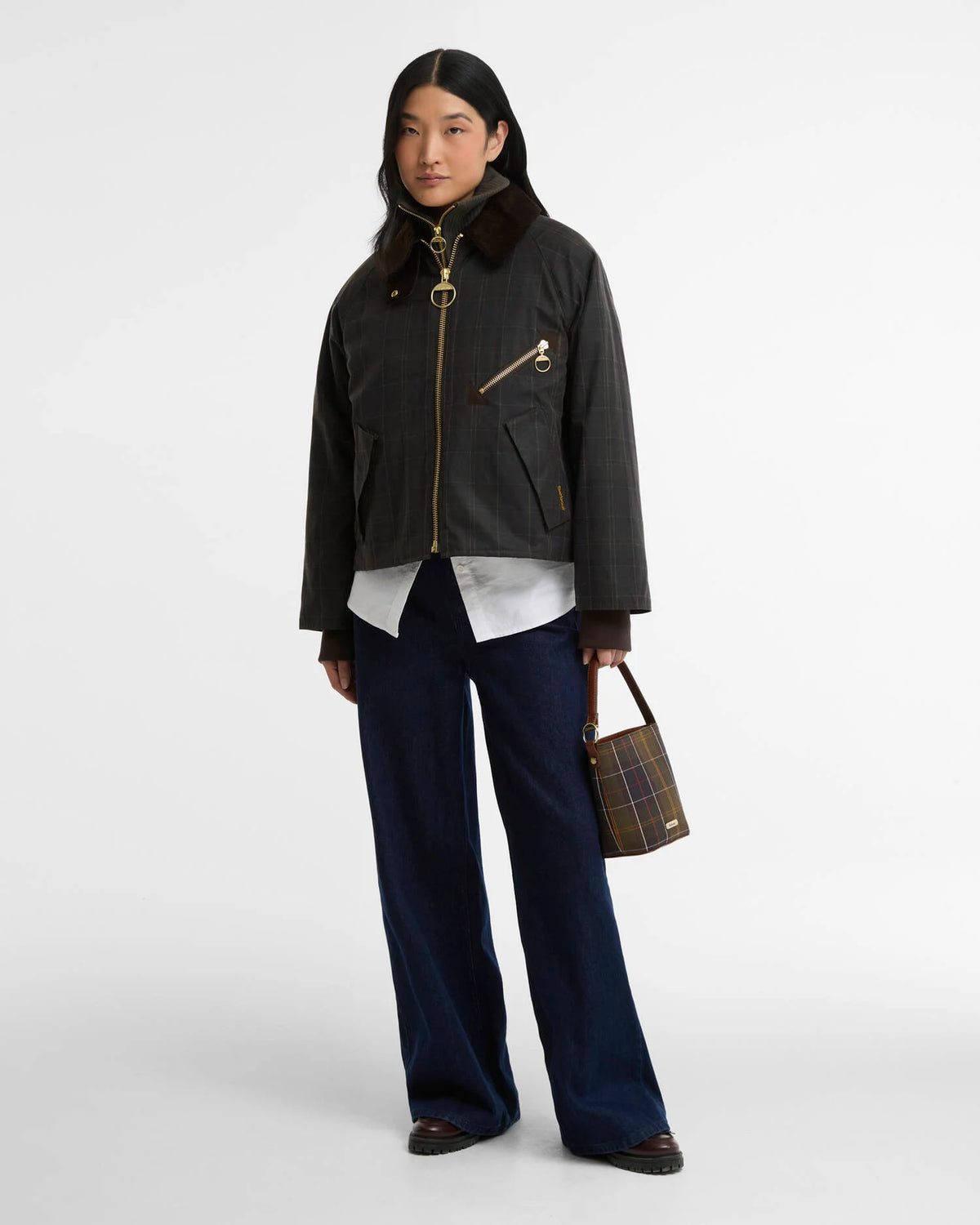 Barbour Arlene Checked Waxed Jacket for women in Classic Shadow Classic on a model