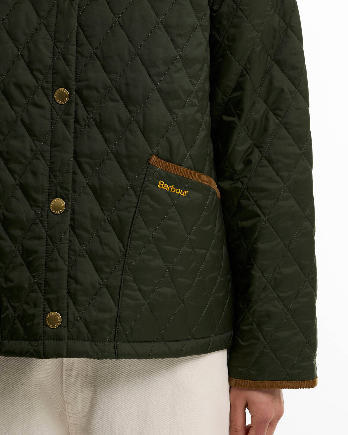 close up of the pocket detail on the Barbour Icons Cropped Liddesdale Quilted Jacket in Olive for women