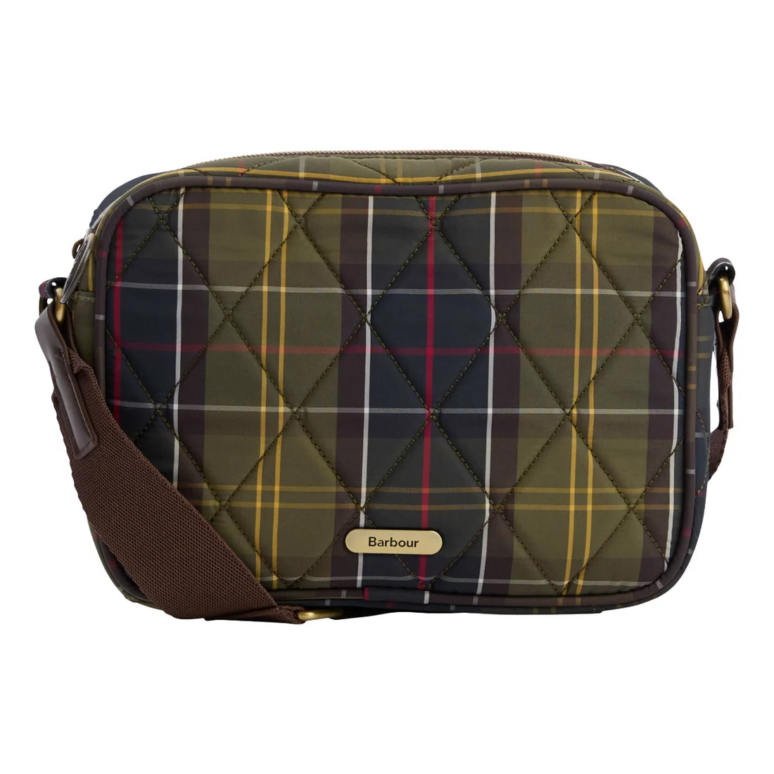 A quilted Barbour crossbody bag in a classic tartan plaid pattern of olive green, navy blue, yellow, and red, featuring a brown webbed strap and a gold-tone metal logo plate.