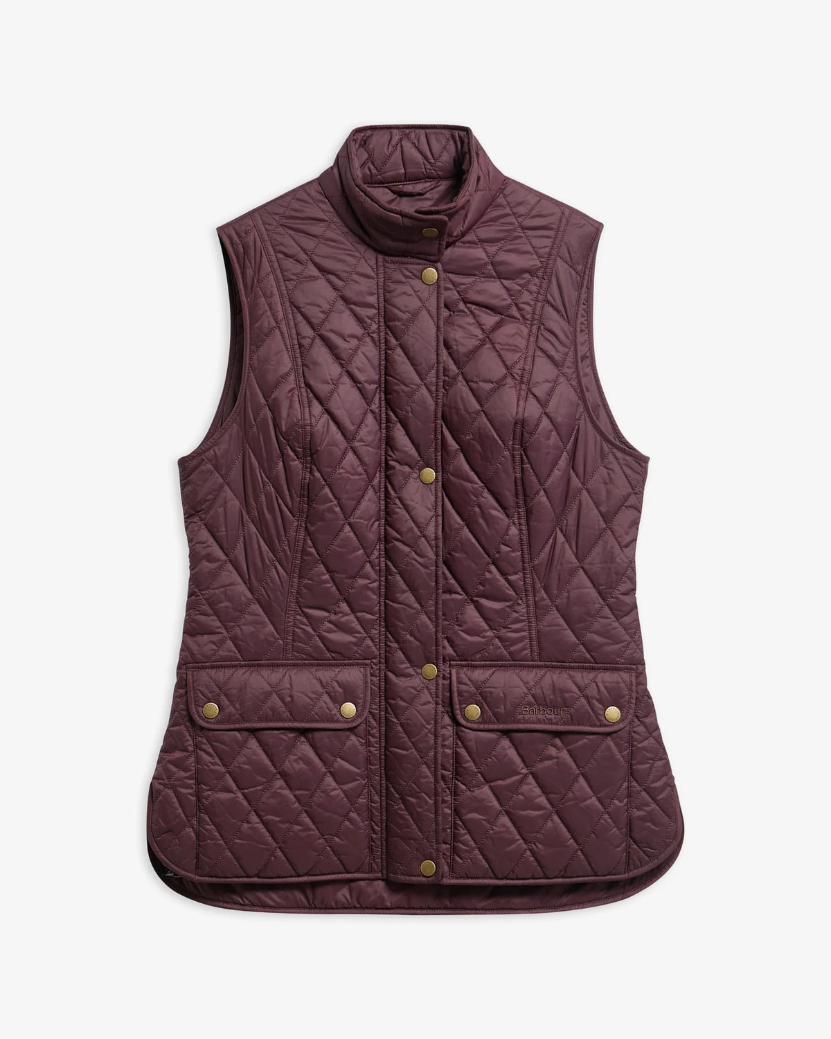 A sleeveless quilted puffer vest in a deep plum purple color, featuring a stand-up collar, snap-button front closure, and two front flap pockets with gold-tone snaps, shown against a light gray background.