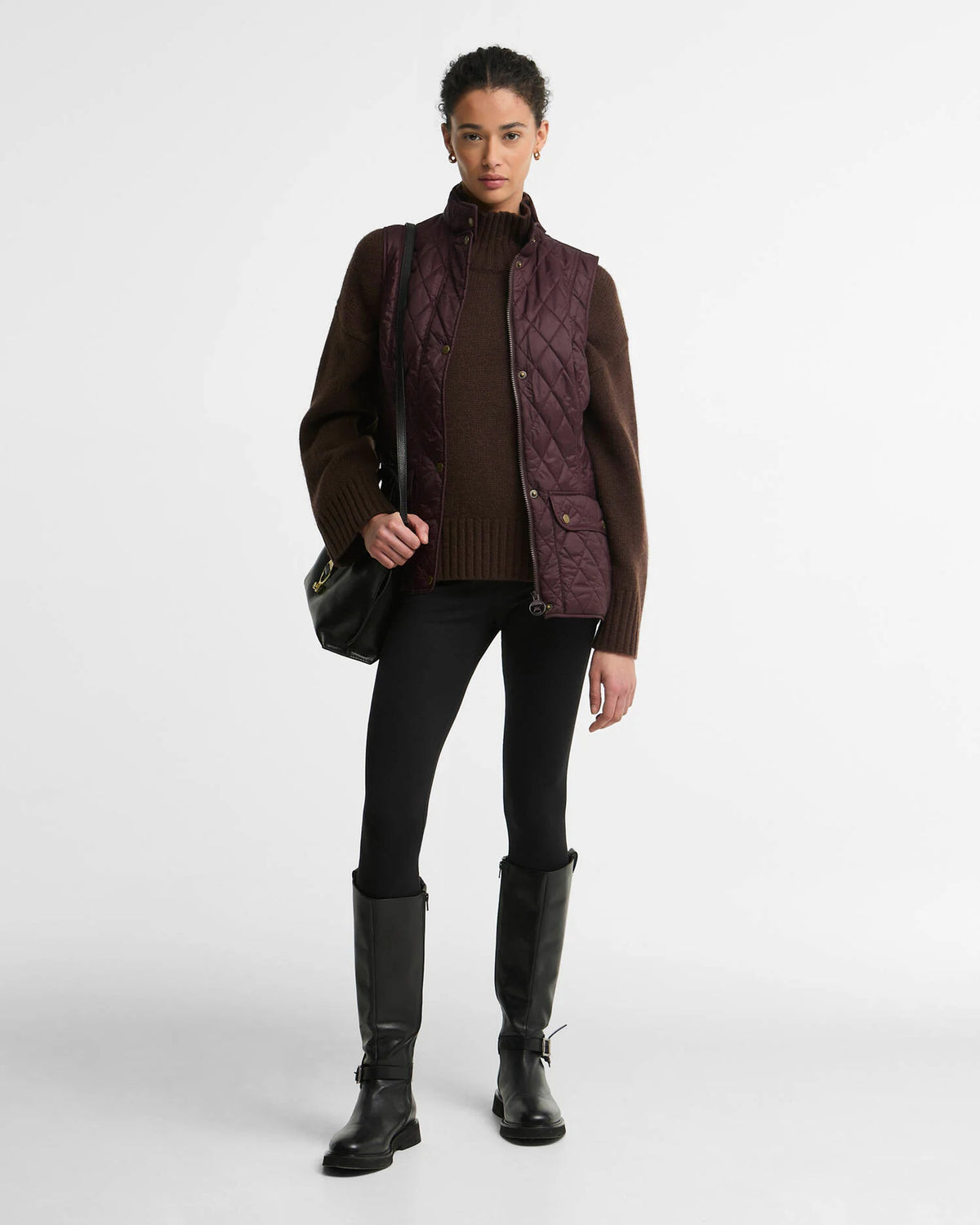Barbour Otterburn women’s quilted vest in Fig styled for fall