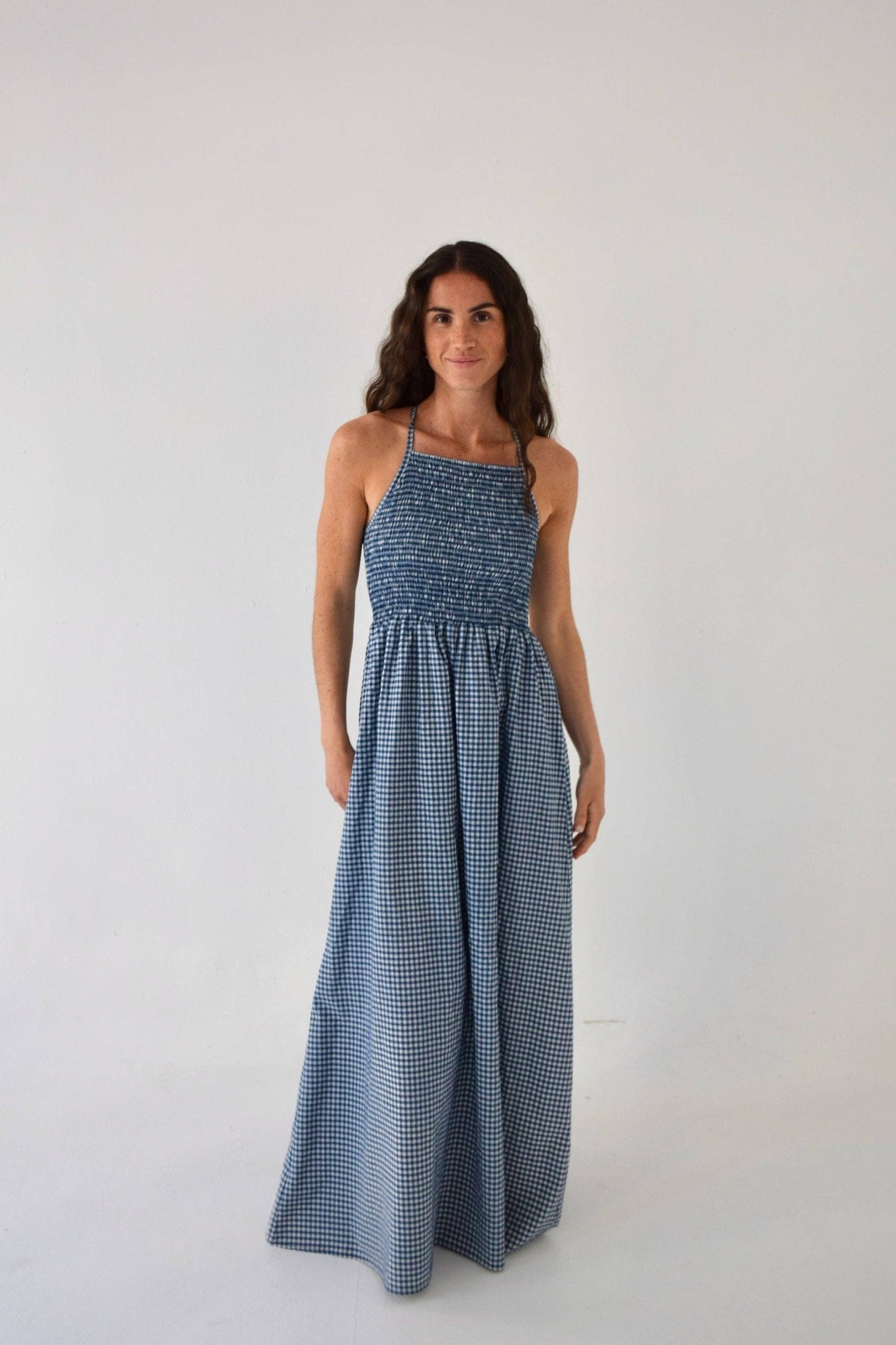 Navy Gingham Halter Dress