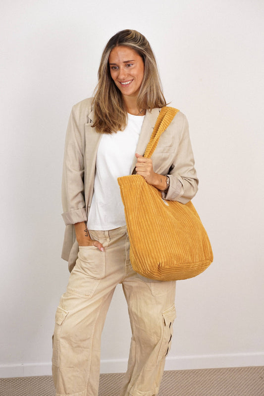Large Zippered Corduroy Tote – Mustard Yellow