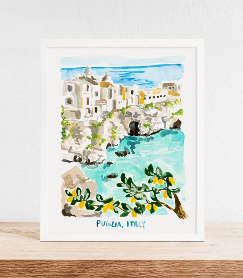 Italy Art Print, Puglia Illustration, Gargano Peninsula: 8x10"