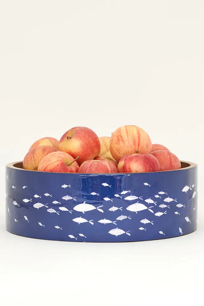 School of Fish Enameled Wooden Bowl