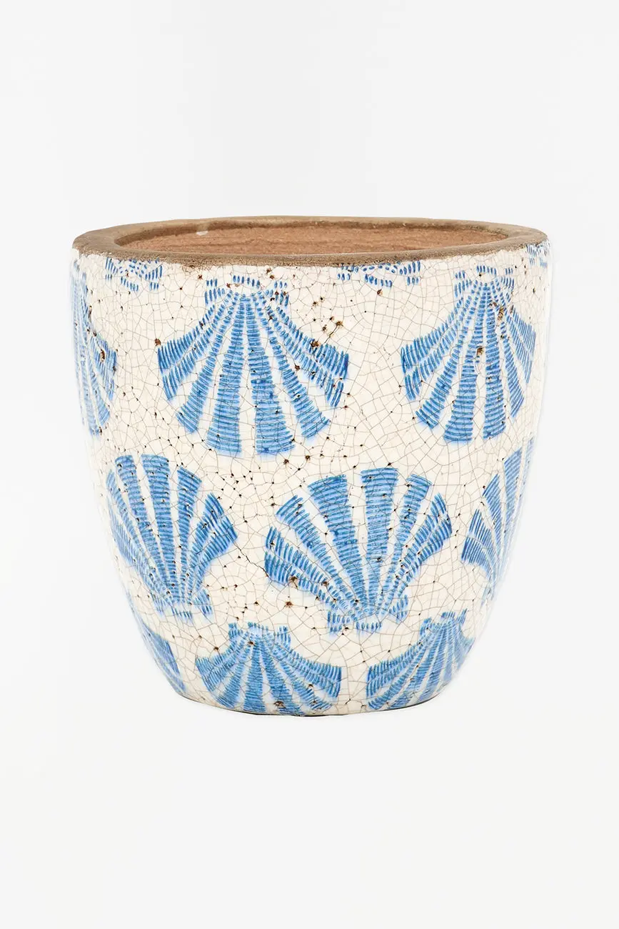 Medium Terracota Flowerpot With Blue Shells