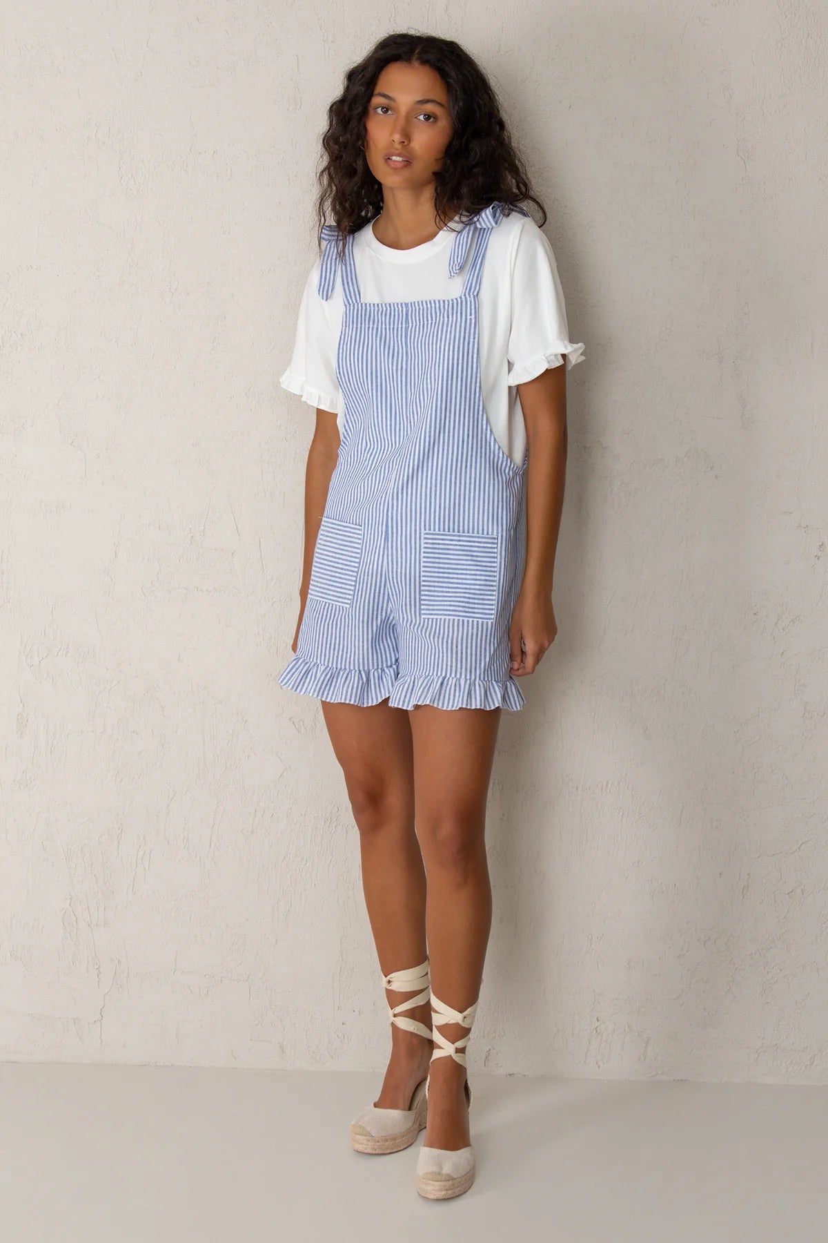 Blue Striped Jumpsuit with Ruffles