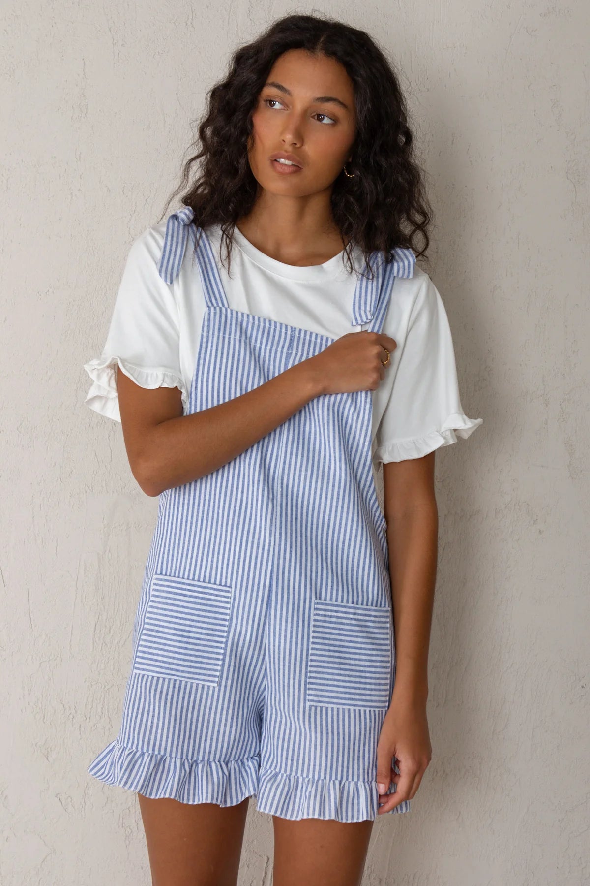 Blue Striped Jumpsuit with Ruffles