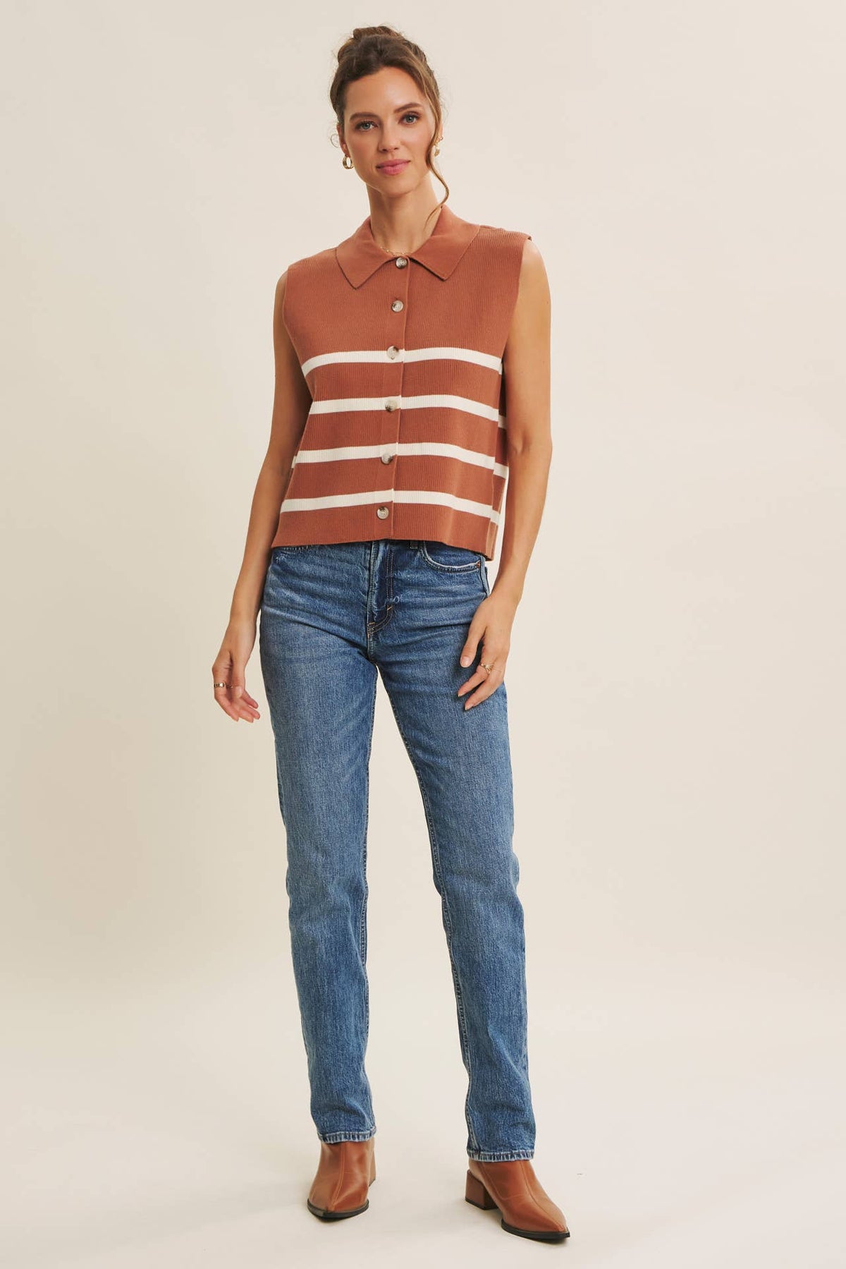 Terracotta & Cream Striped Button-Front Sweater Vest