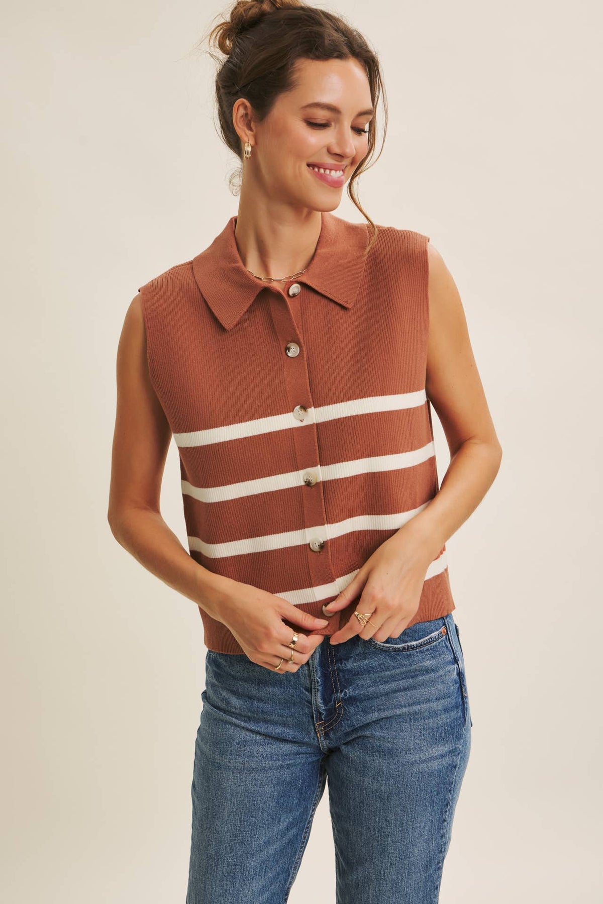 Terracotta & Cream Striped Button-Front Sweater Vest
