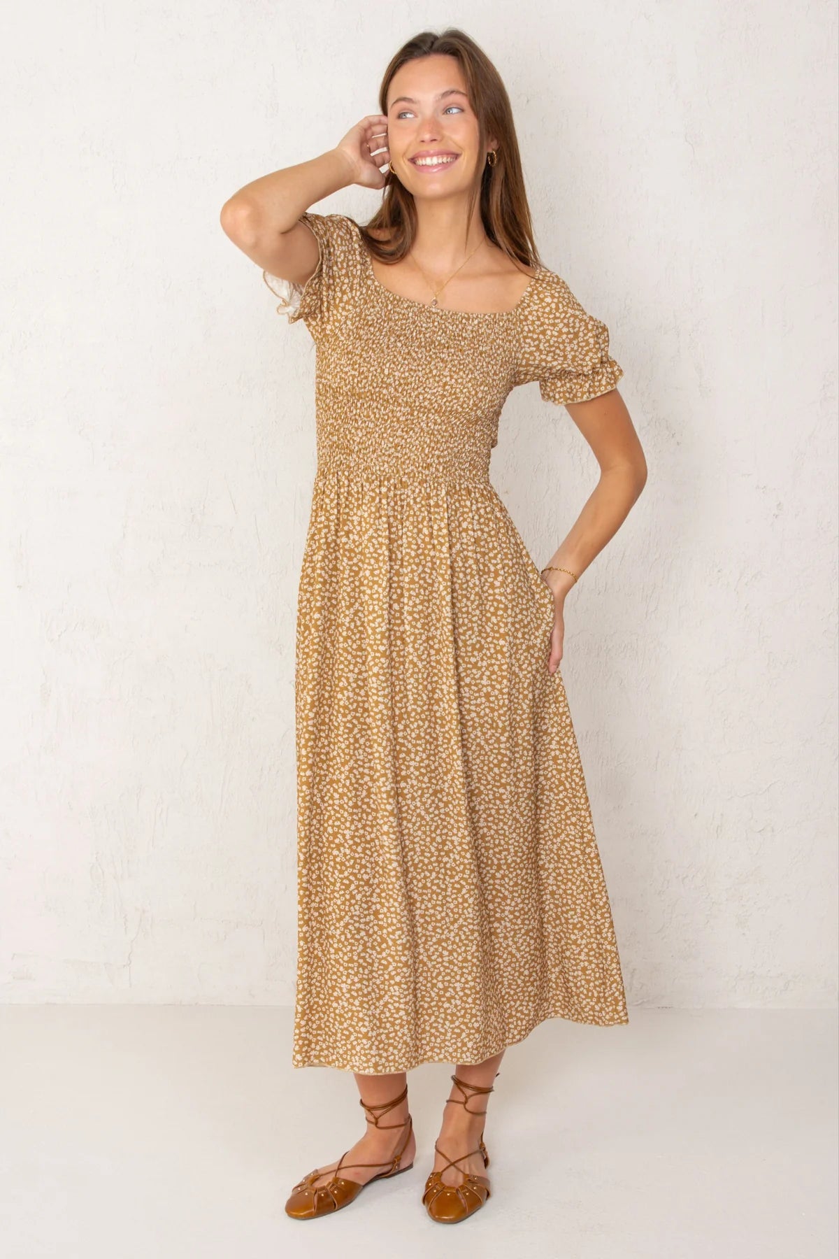 Clara Dress Mustard Flowers